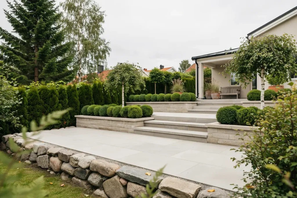 stens ttning och terrassering av sluttande villatomt i tullinge